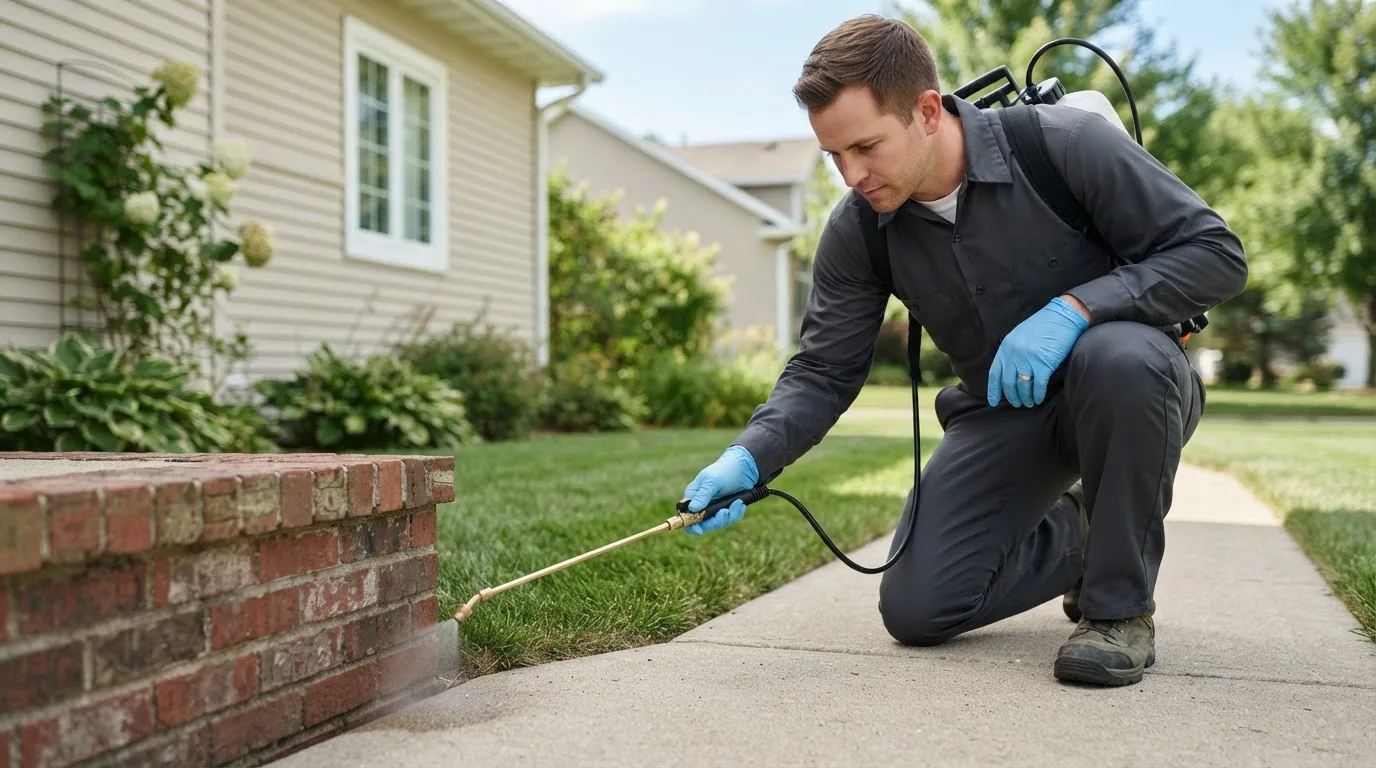 Pest control technician treating a home near Antes Fort, PA